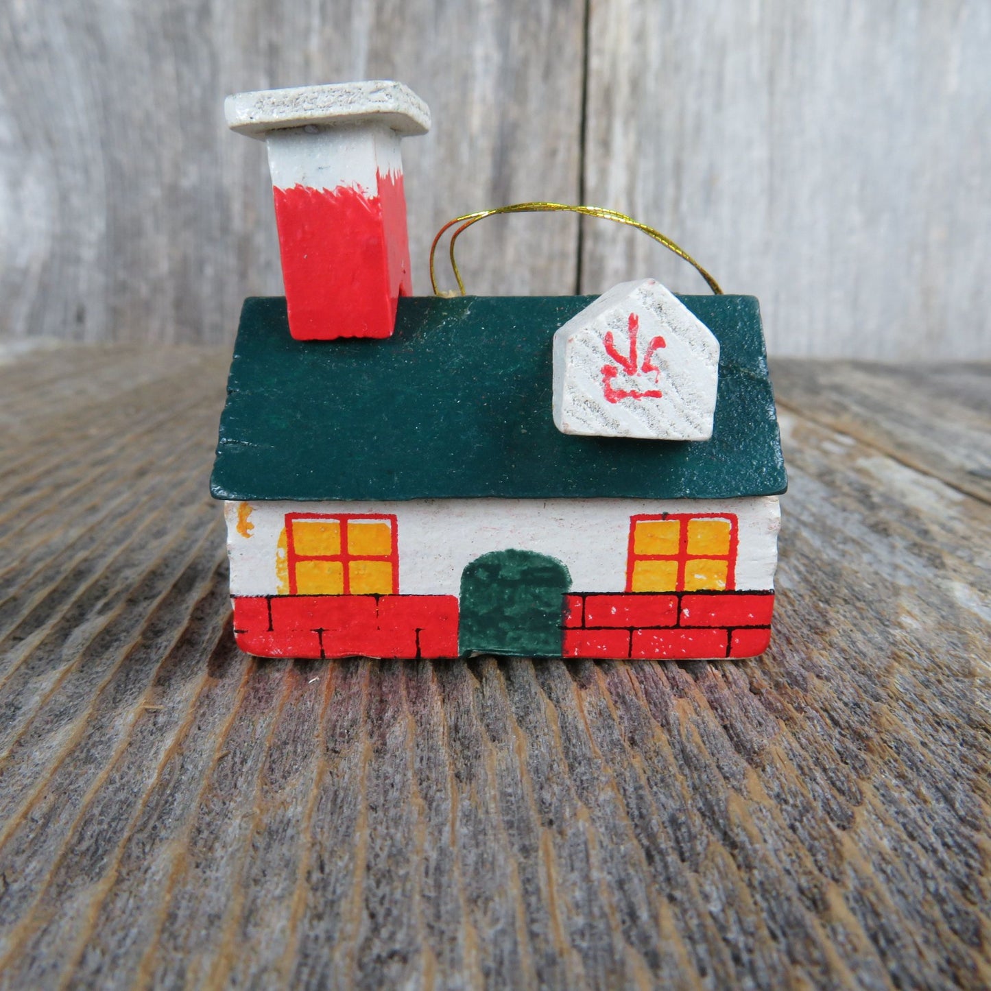 Vintage Wooden House Painted Ornament Building Christmas Village Miniature