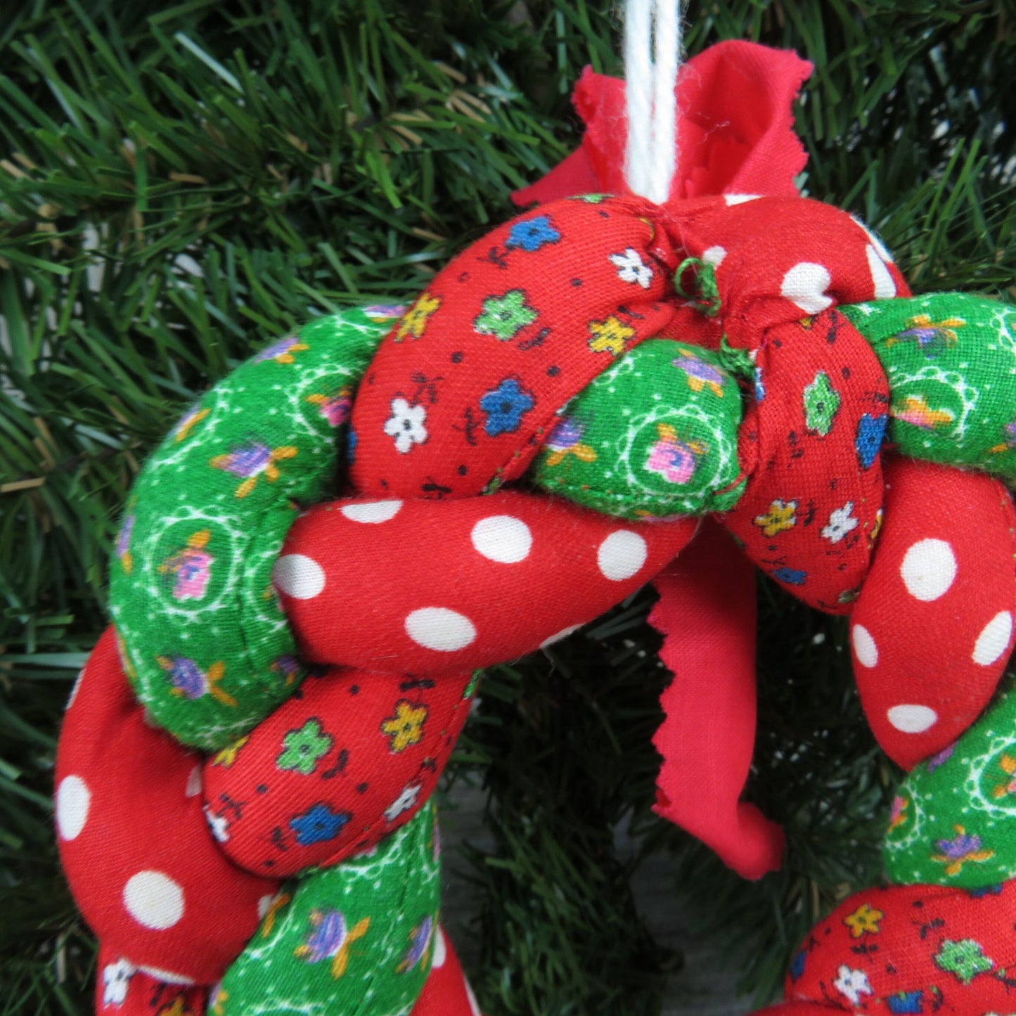 Vintage Fabric Christmas Wreath Ornament Twisted Handmade Red Green Santa Flowers