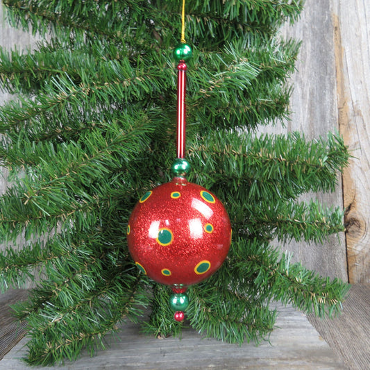 Vtg Red Green Ball Drop Ornament Kurt Adler Bead Kringle Glass Polka Dot