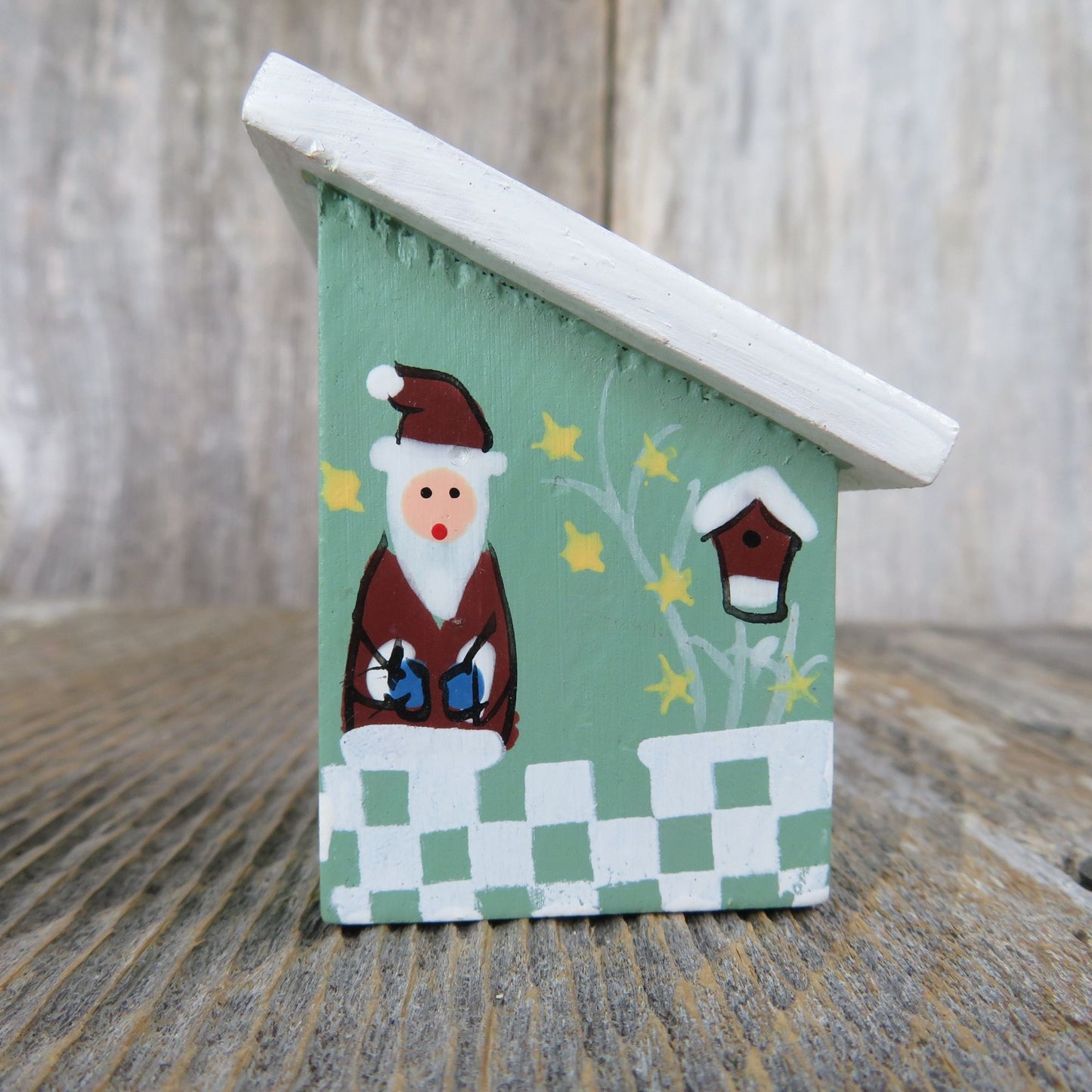 Vintage Green Birdhouse Wood Ornament Santa Checkered Bird Rustic Christmas Country