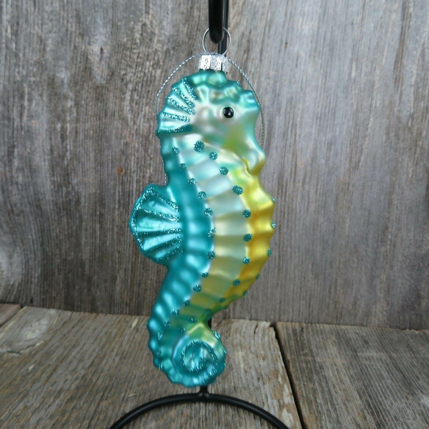 Seahorse Glass Ornament Blue Green Glitter Christmas Nautical Tree Aqua Ocean