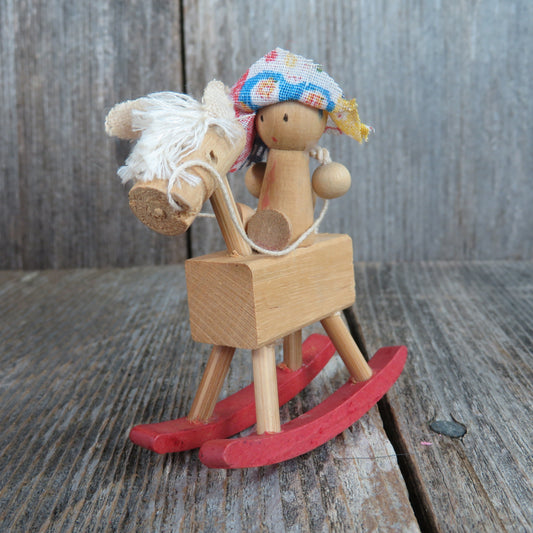 Vintage Wooden  Rocking Horse Ornament Primitive Style Natural Colored Wood Toy Christmas Girl with Cloth Hat
