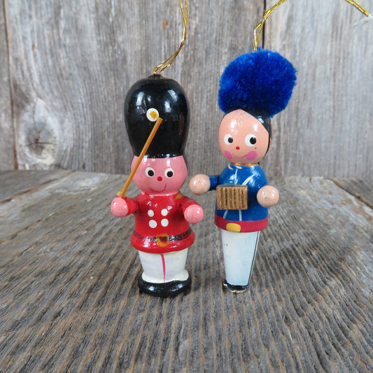 Vintage Wooden Marching Band Ornament Set Christmas Blue Red Pom Pom Hat Baton Instrument - At Grandma's Table