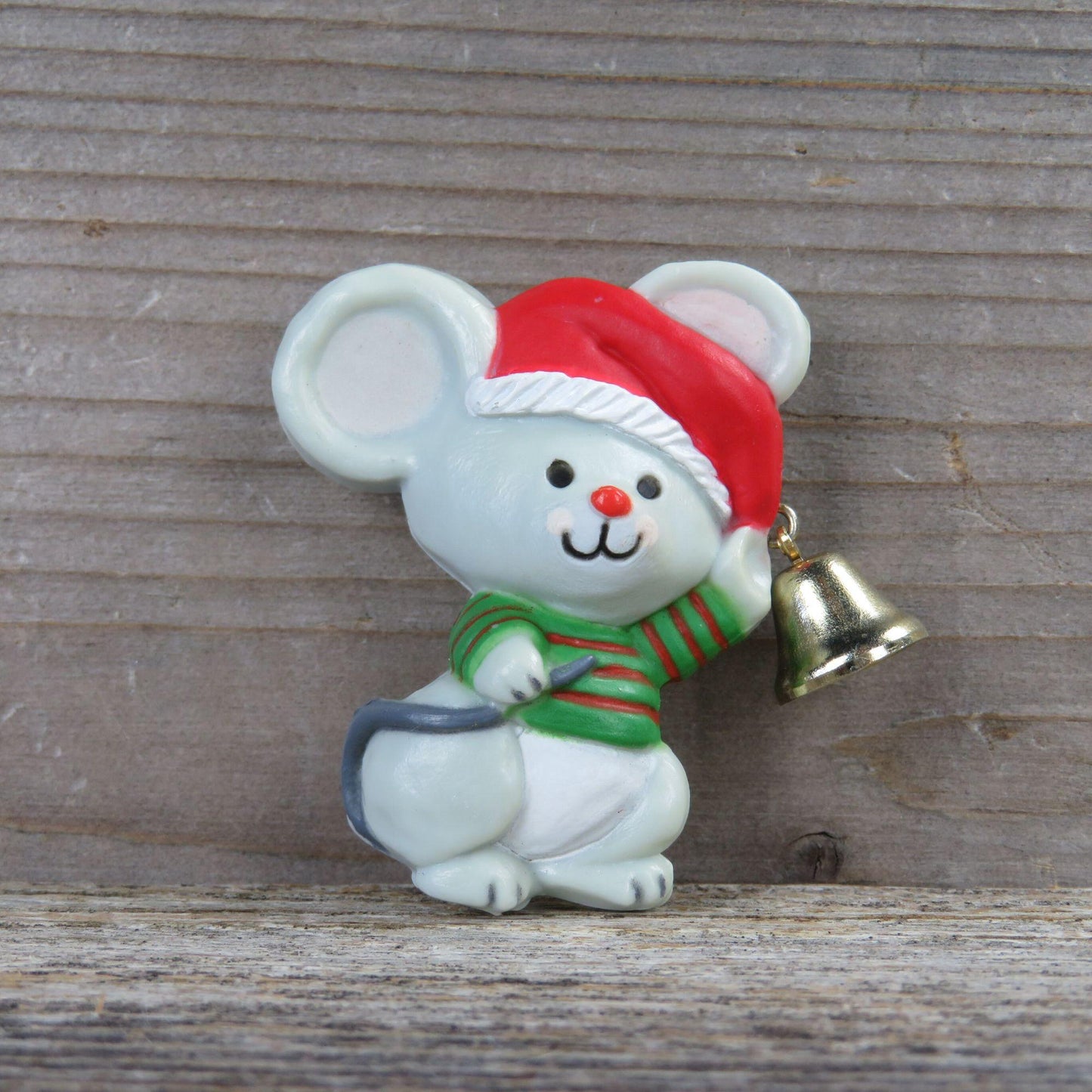 Vintage Mouse Striped Shirt Santa Hat Pin Brooch Hallmark Green Red Bell