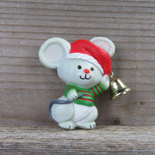 Load image into Gallery viewer, Vintage Mouse Striped Shirt Santa Hat Pin Brooch Hallmark Green Red Bell