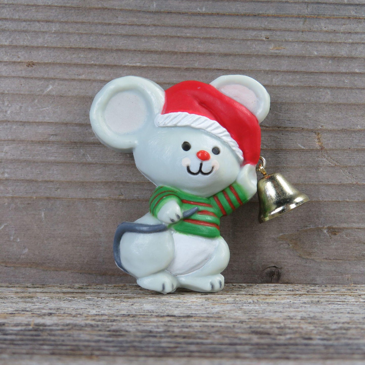 Vintage Mouse Striped Shirt Santa Hat Pin Brooch Hallmark Green Red Bell