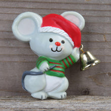 Load image into Gallery viewer, Vintage Mouse Striped Shirt Santa Hat Pin Brooch Hallmark Green Red Bell