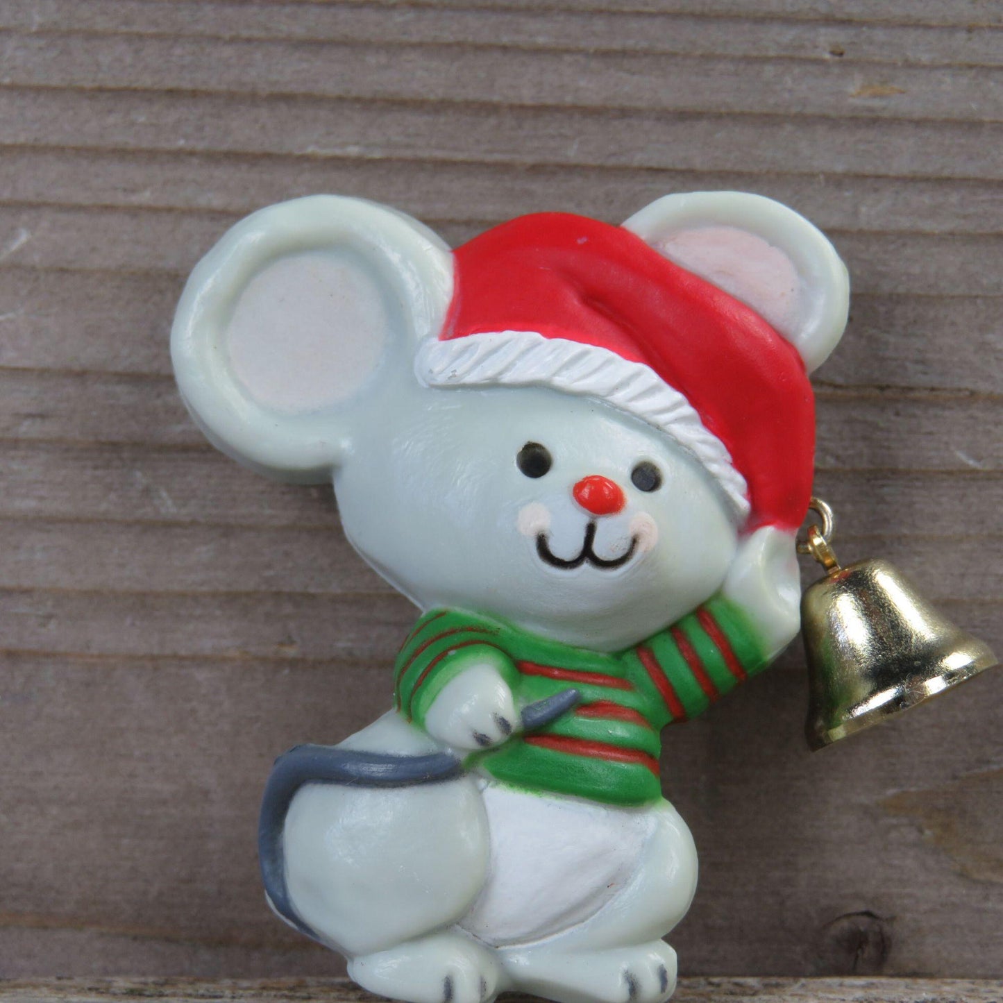 Vintage Mouse Striped Shirt Santa Hat Pin Brooch Hallmark Green Red Bell