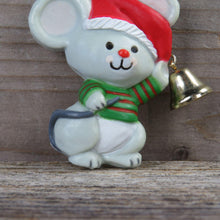 Load image into Gallery viewer, Vintage Mouse Striped Shirt Santa Hat Pin Brooch Hallmark Green Red Bell
