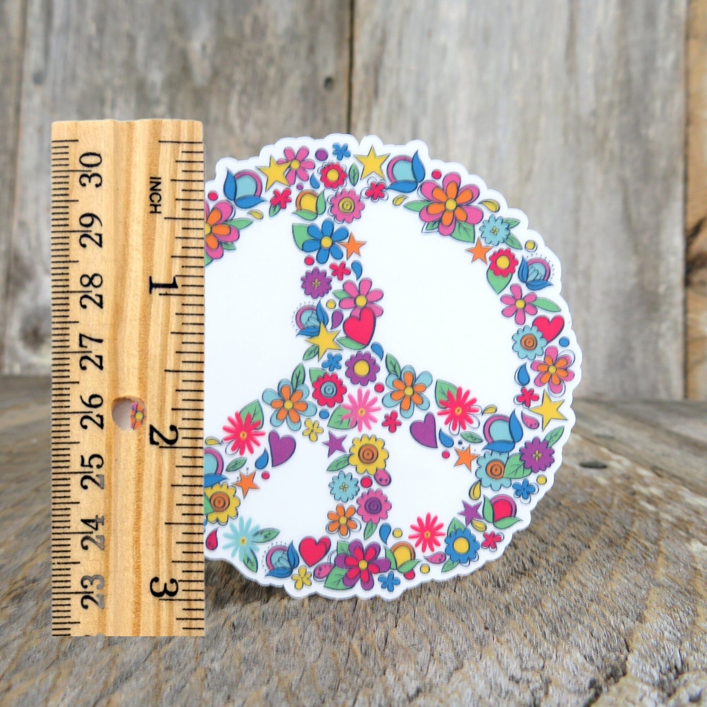 Peace Sign Sticker Flowers White Waterproof Color BoHo 70s Style Hippie Water Bottle Laptop