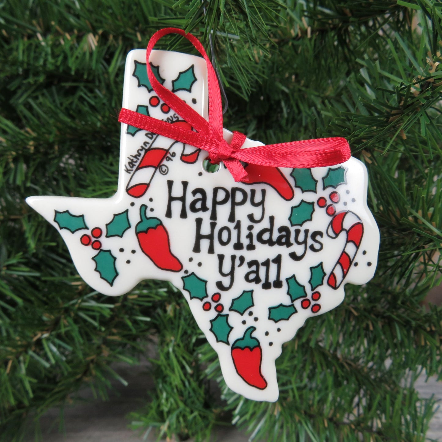 Texas State Shaped Ornament Happy Holidays Y'all Kathryn Designs Flat Christmas Ceramic 1996