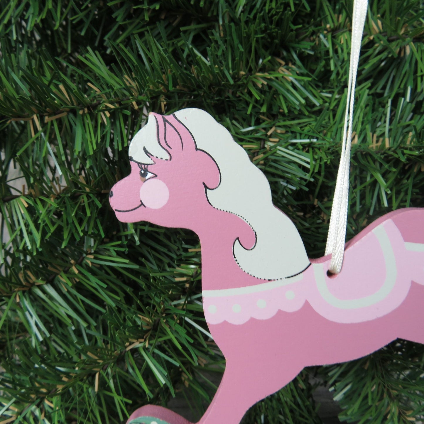 Vintage Pink Wooden Rocking Horse Ornament Fancy Painted Show Pony Green Holly Adler Kurt 1988