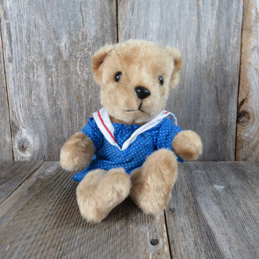 Vintage Teddy Bear Plush Blue Polka Dot Sailor Dress Stuffed Animal