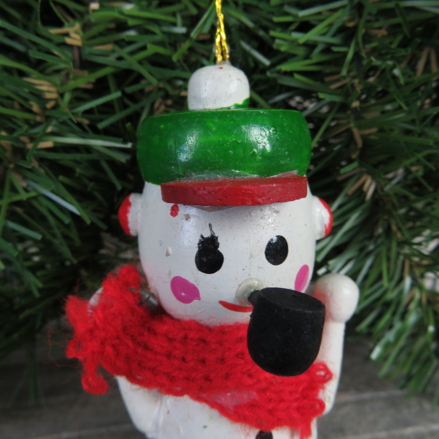 Vintage Snowman Ice Skater Wood Ornament Pipe Green Hat Knit Scarf Wooden Christmas