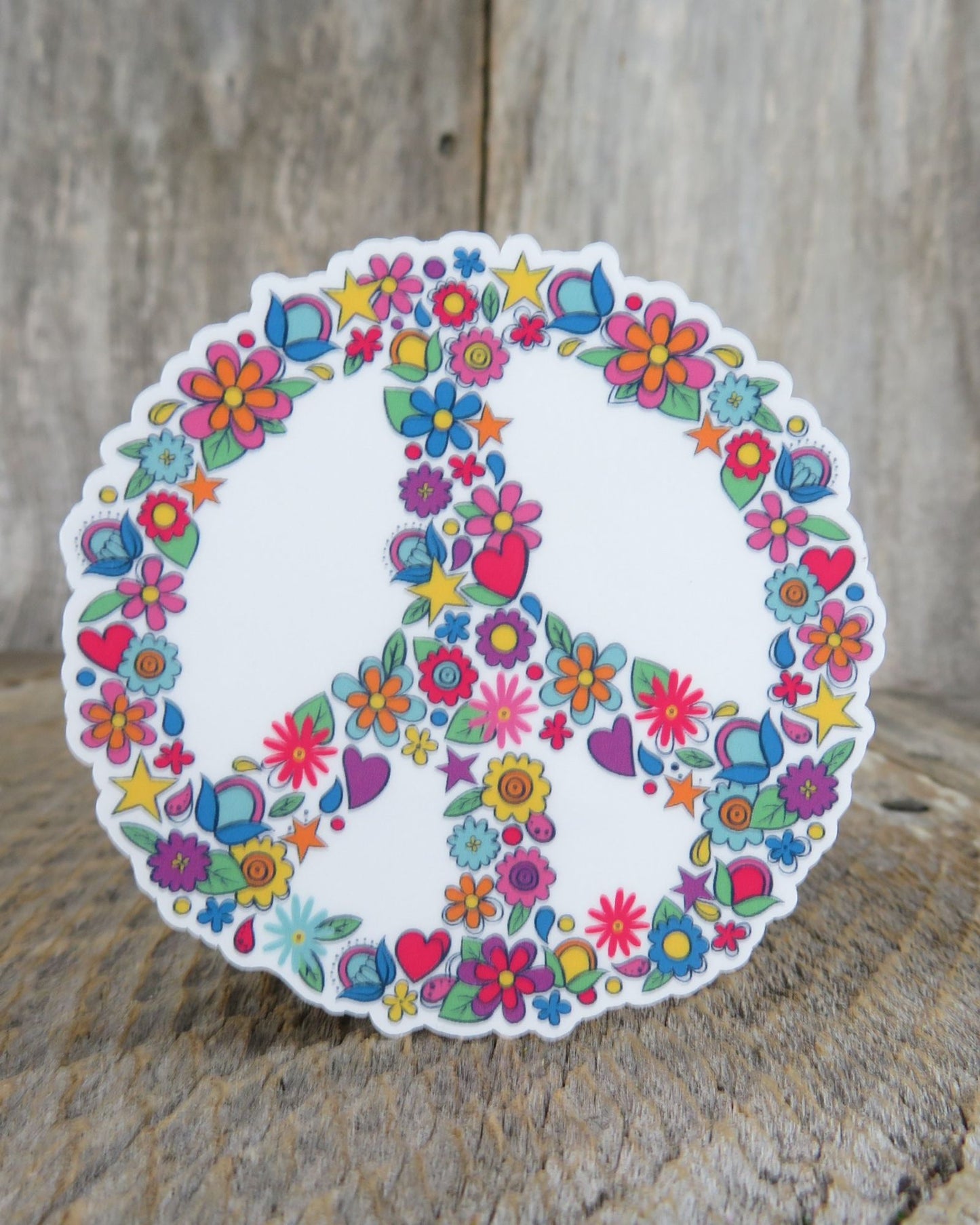 Peace Sign Sticker Flowers White Waterproof Color BoHo 70s Style Hippie Water Bottle Laptop