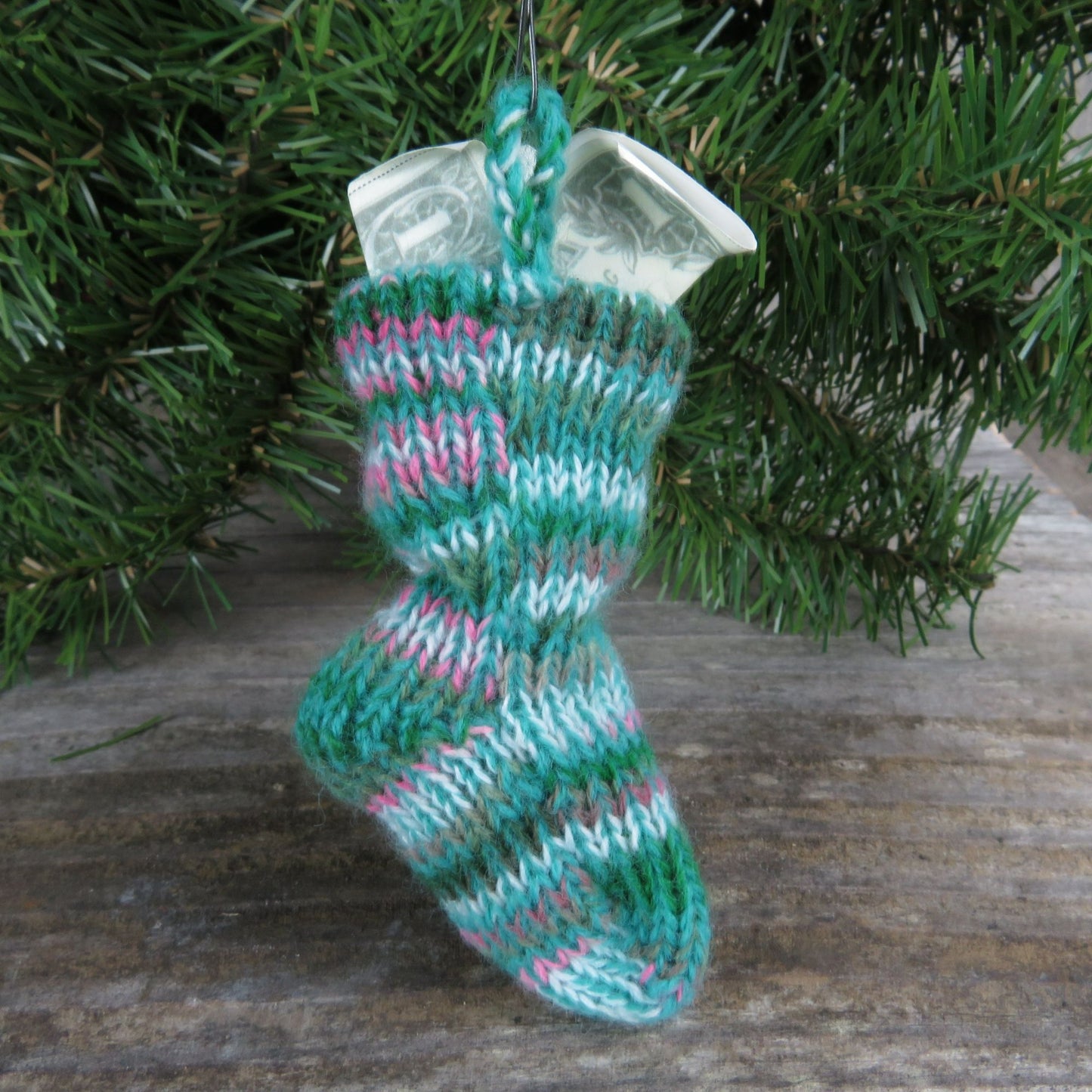 Vintage Knit Money Stocking Ornament Green Blue Filled Gift Striped Money Holder