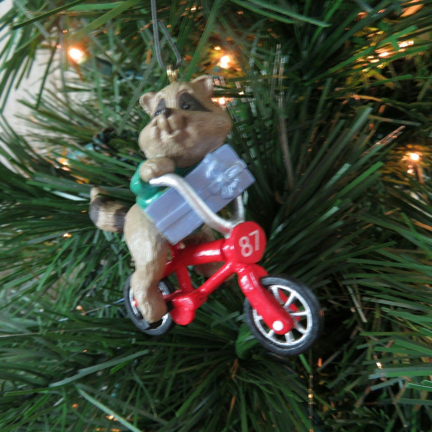 Vintage Raccoon Biker Ornament Hallmark Bicycle Boy Christmas Red 1987 Keepsake