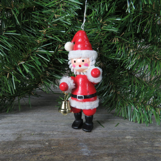 Vintage Wooden Santa Claus Ornament Kurt Adler Santa With Bell Bag and Pipe Cleaners Christmas 1982
