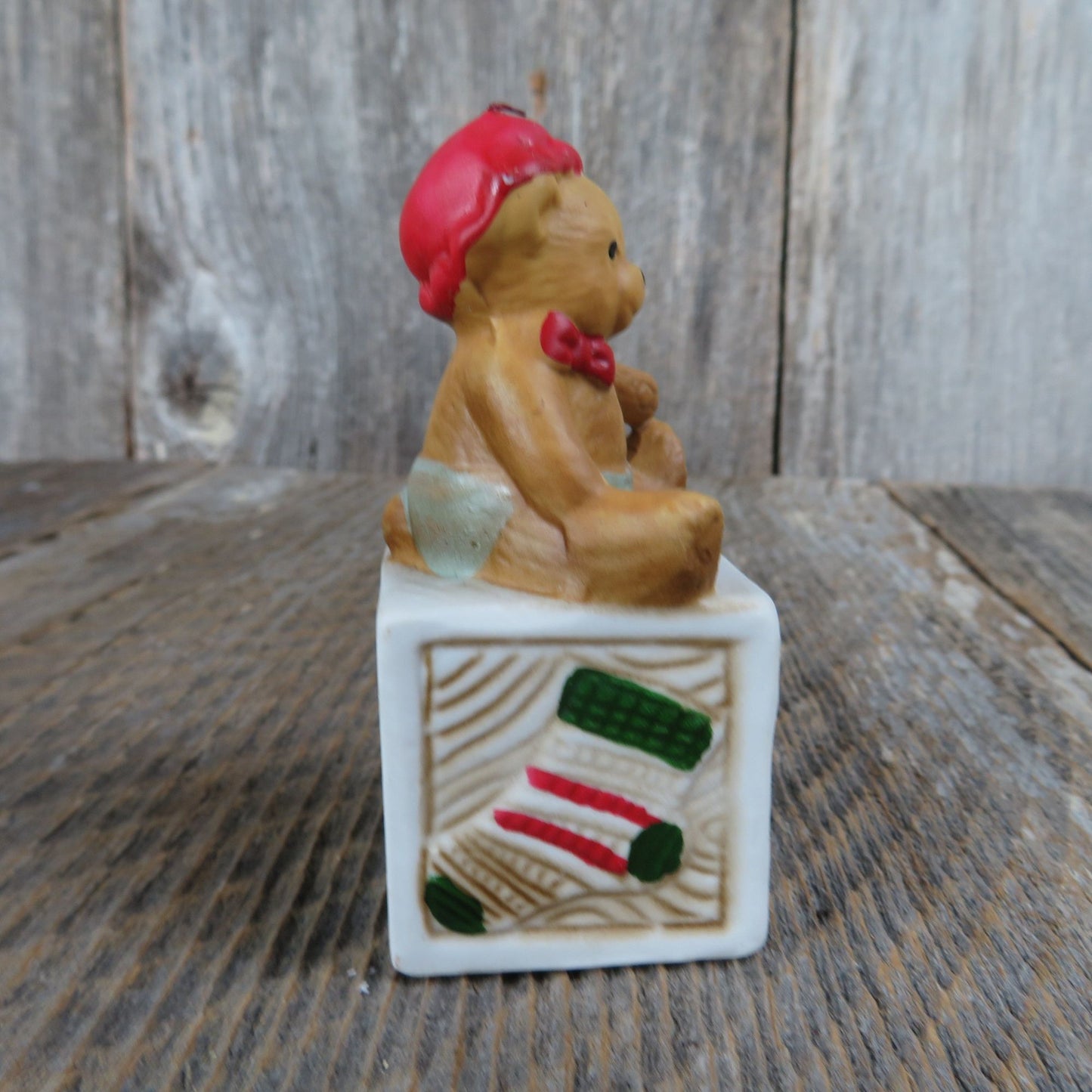 Vintage Baby Bear on Alphabet Block Ornament Red Bow Ceramic Porcelain Christmas House of Lloyd