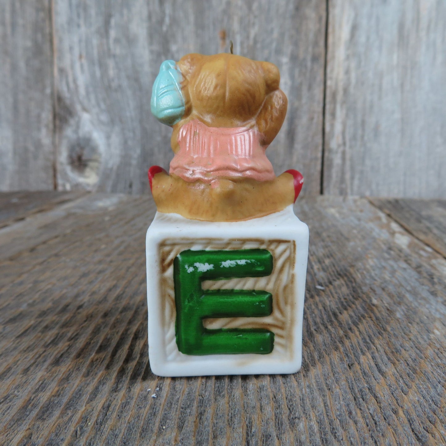 Vintage Bear on Alphabet Block Ornament Girl Pink Dress Ceramic Porcelain Christmas House of Lloyd