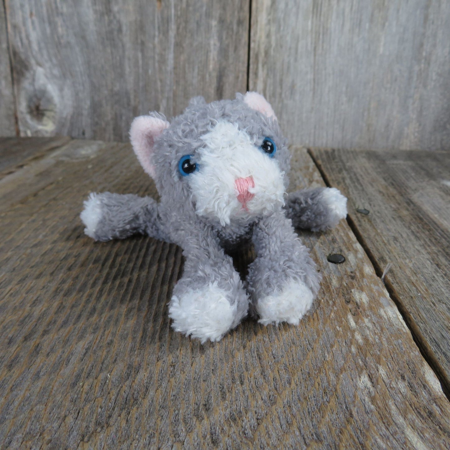 Vintage Cat Plush Gray White Stitched Pink Nose Mini Beanie Kitten Stuffed Animal Kitty Bean Bag