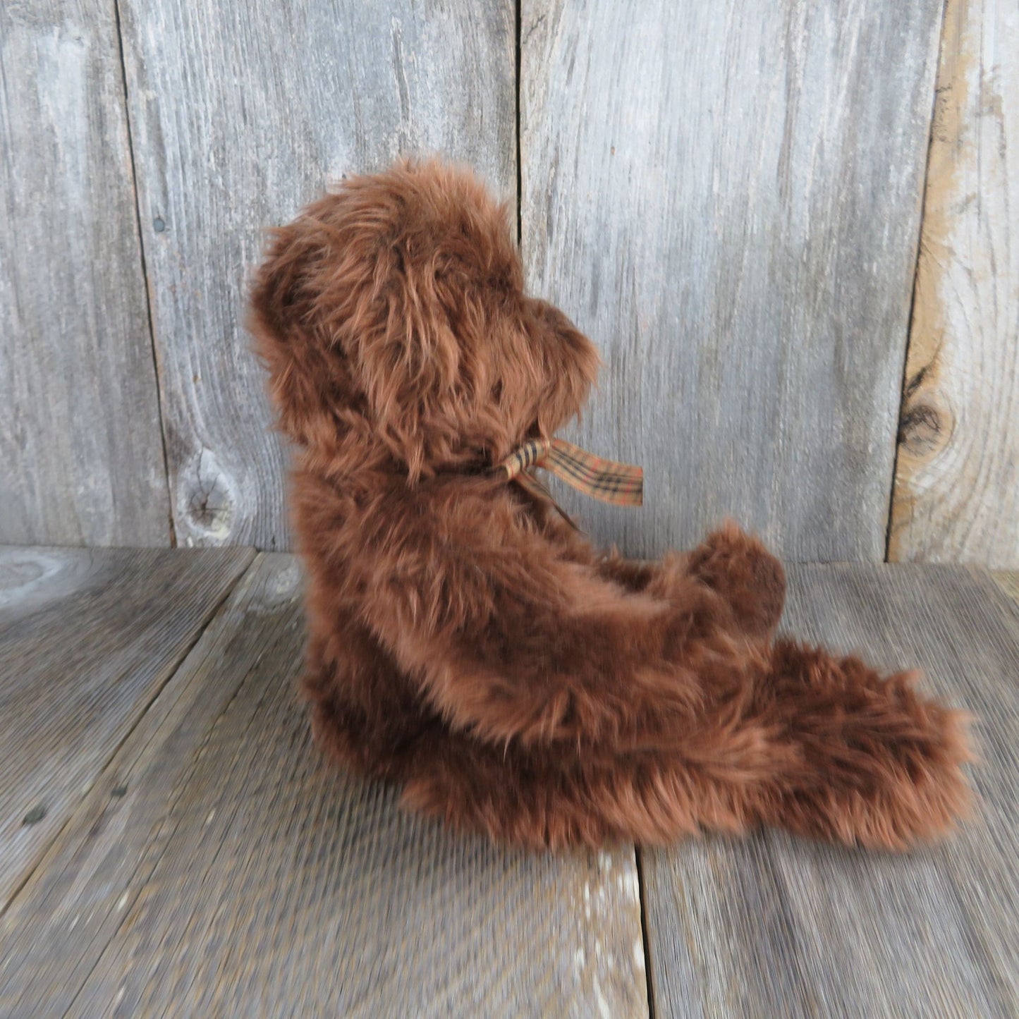 Vintage Teddy Bear Shaggy Plush Beresford Russ Stuffed Animal Brown Plaid Bow Stitched Nose