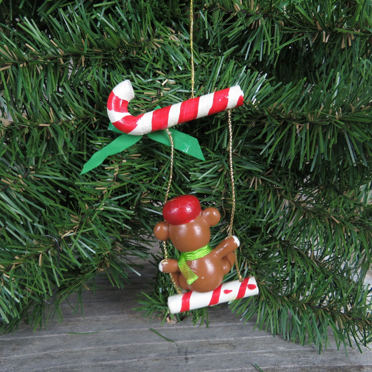 Bear on Candy Cane Swing Wood Ornament Vintage Wooden Teddy Bear With Hat Swinging Christmas Ornament