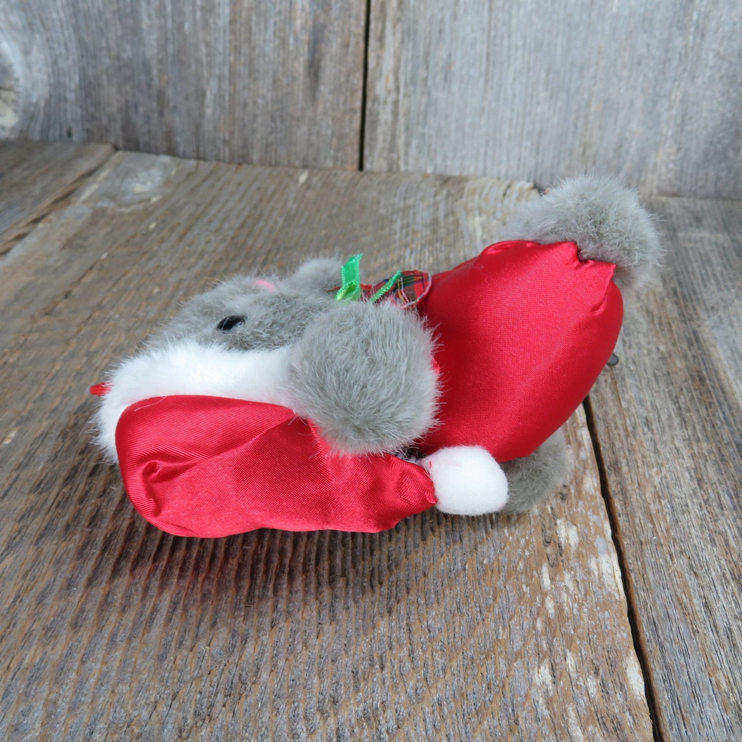 Vintage Christmas Mouse Plush Ornament Cloth Body Santa Satin Hat Musical San Francisco Music Box Squeeze Stuffed Animal