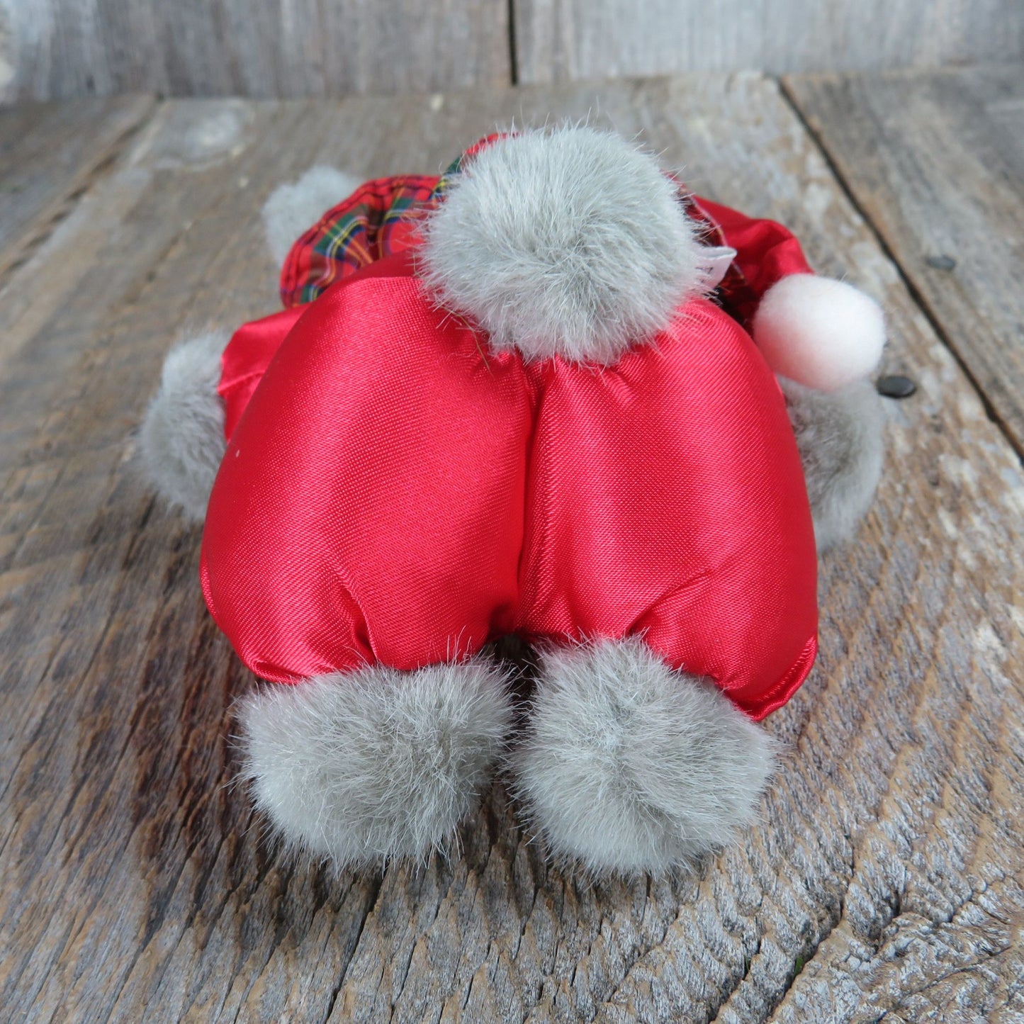 Vintage Christmas Mouse Plush Ornament Cloth Body Santa Satin Hat Musical San Francisco Music Box Squeeze Stuffed Animal