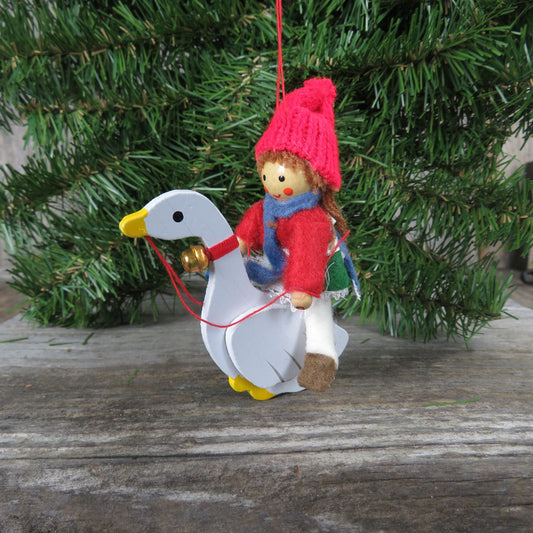 Girl Riding a Goose Wood Ornament Vintage Wooden White Bird with Girl Rider Christmas Ornament