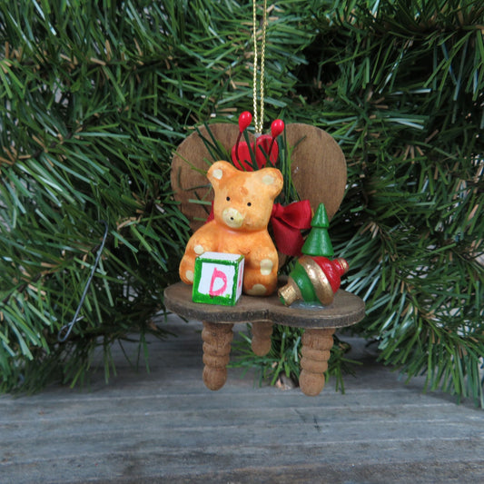 Bear Heart Shaped Chair Wood Ornament Vintage Wooden Child's Toys Teddy Bear and Chair Christmas Ornament