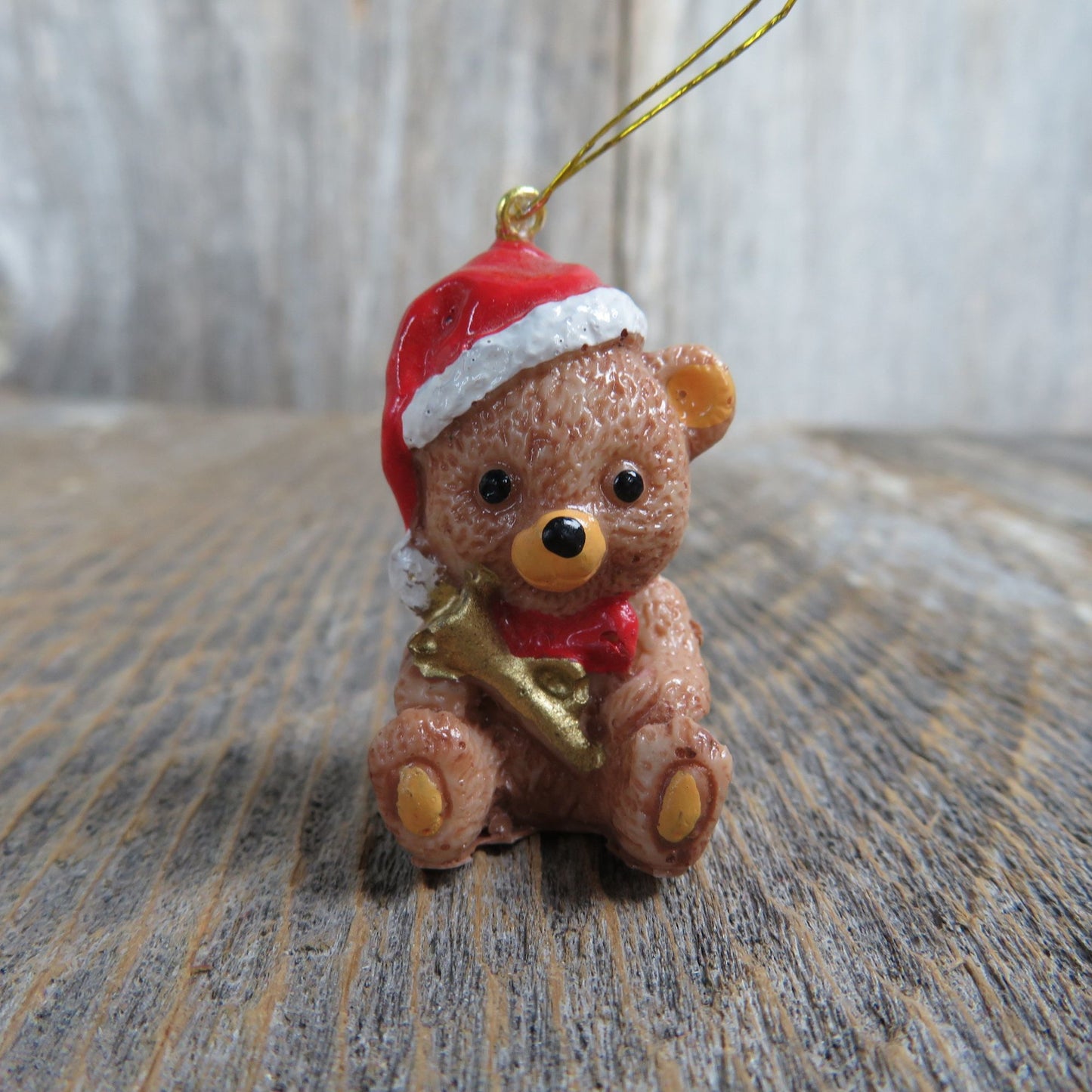 Vintage Teddy Bear Ornament Santa Hat and Horn Christmas