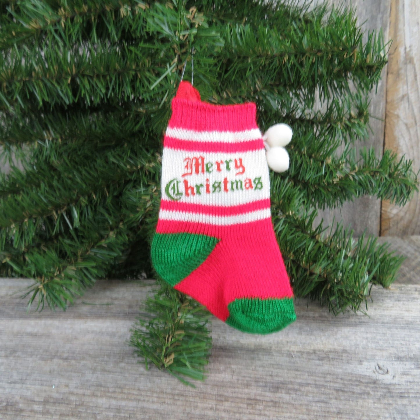 Vintage Knit Stocking Ornament Merry Christmas Striped Red White Green Pom Pom