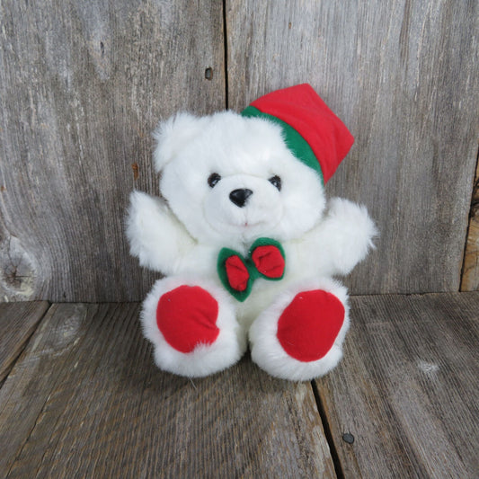 Vintage White Bear Plush Red Hat Paws and Bowtie Black Nose Christmas Sasco Inc