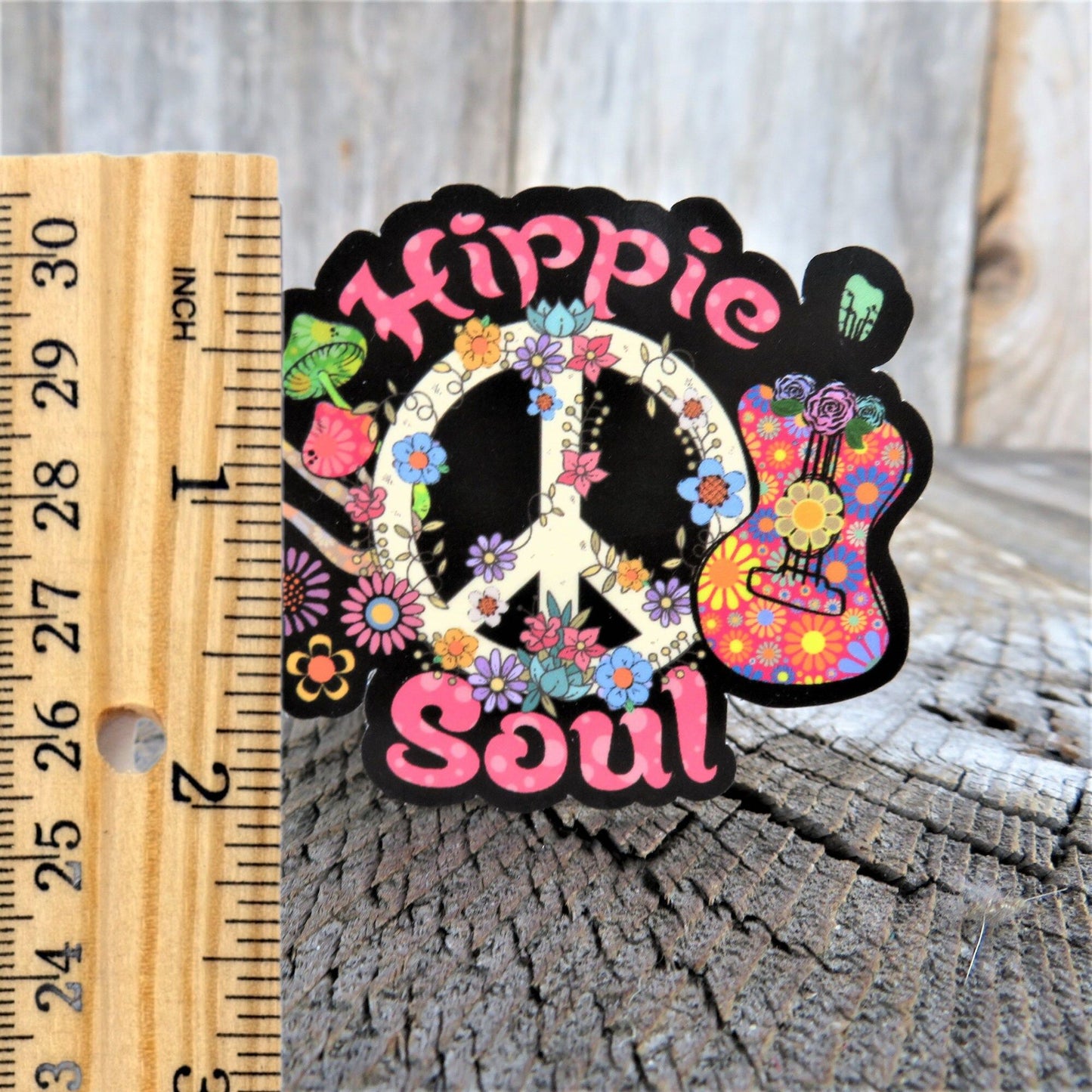 Peace Sign Hippie Soul Sticker Guitar Mushrooms Bright Colored Retro Waterproof Car Water Bottle Laptop