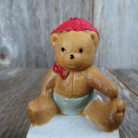 Vintage Baby Bear on Alphabet Block Ornament Red Bow Ceramic Porcelain Christmas House of Lloyd