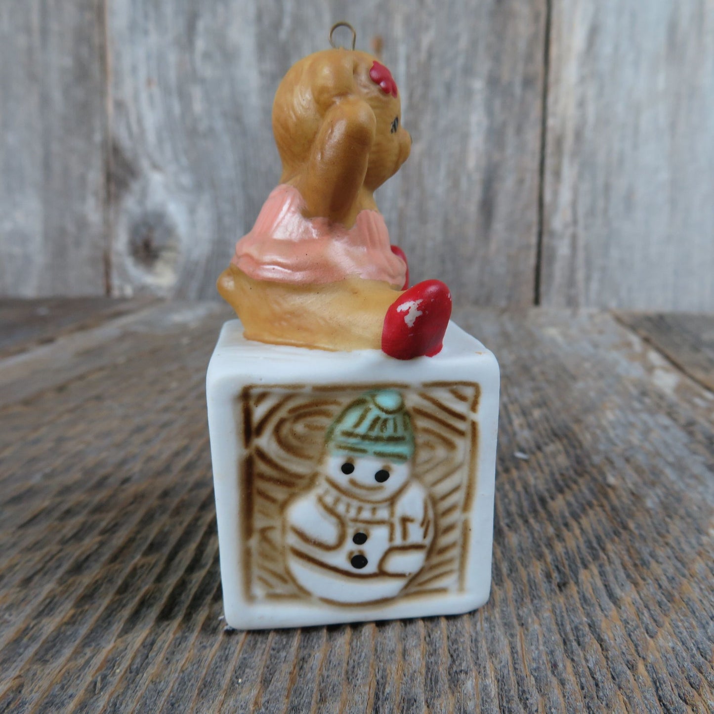 Vintage Bear on Alphabet Block Ornament Girl Pink Dress Ceramic Porcelain Christmas House of Lloyd