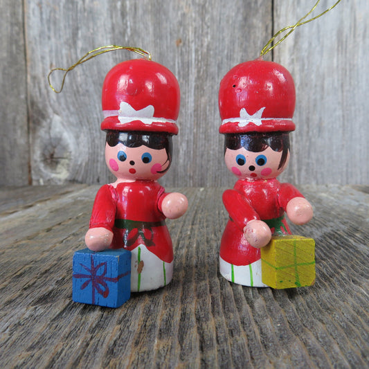 Vintage Wooden Ladies with Gifts Ornament Set Red Dress and Hat Blue Yellow Present Mrs. Claus Fancy - At Grandma's Table