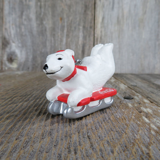 Vintage Polar Bear Sledding Ornament Coca Cola Christmas 1995Coke Soda Promo Advertising