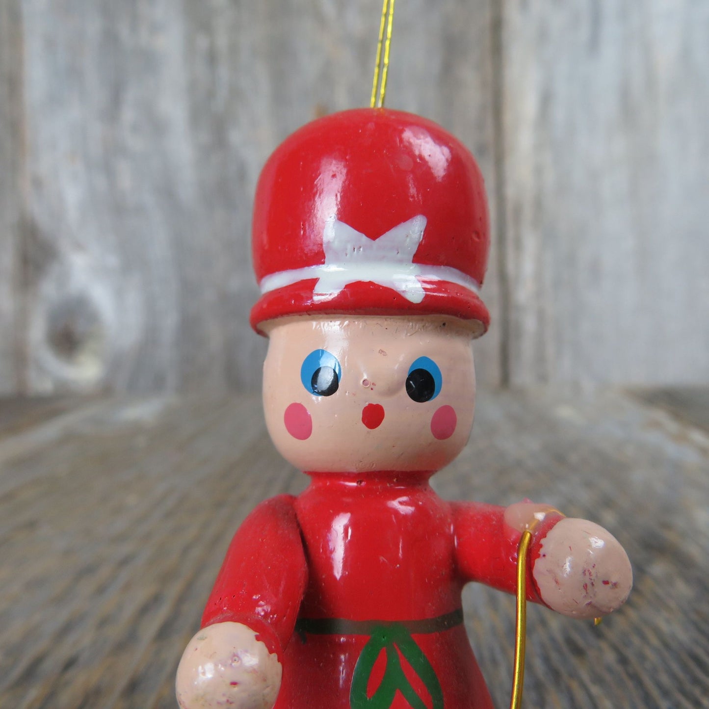 Vintage Wooden Lady with Umbrella Ornament Wood Red Dress Hat Mrs. Claus Fancy