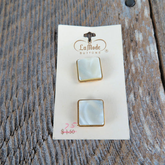 Vintage Square Buttons La Mode Gold and White Glossy Metal Base 7/8 inch # 35216 Japan Pearlesque