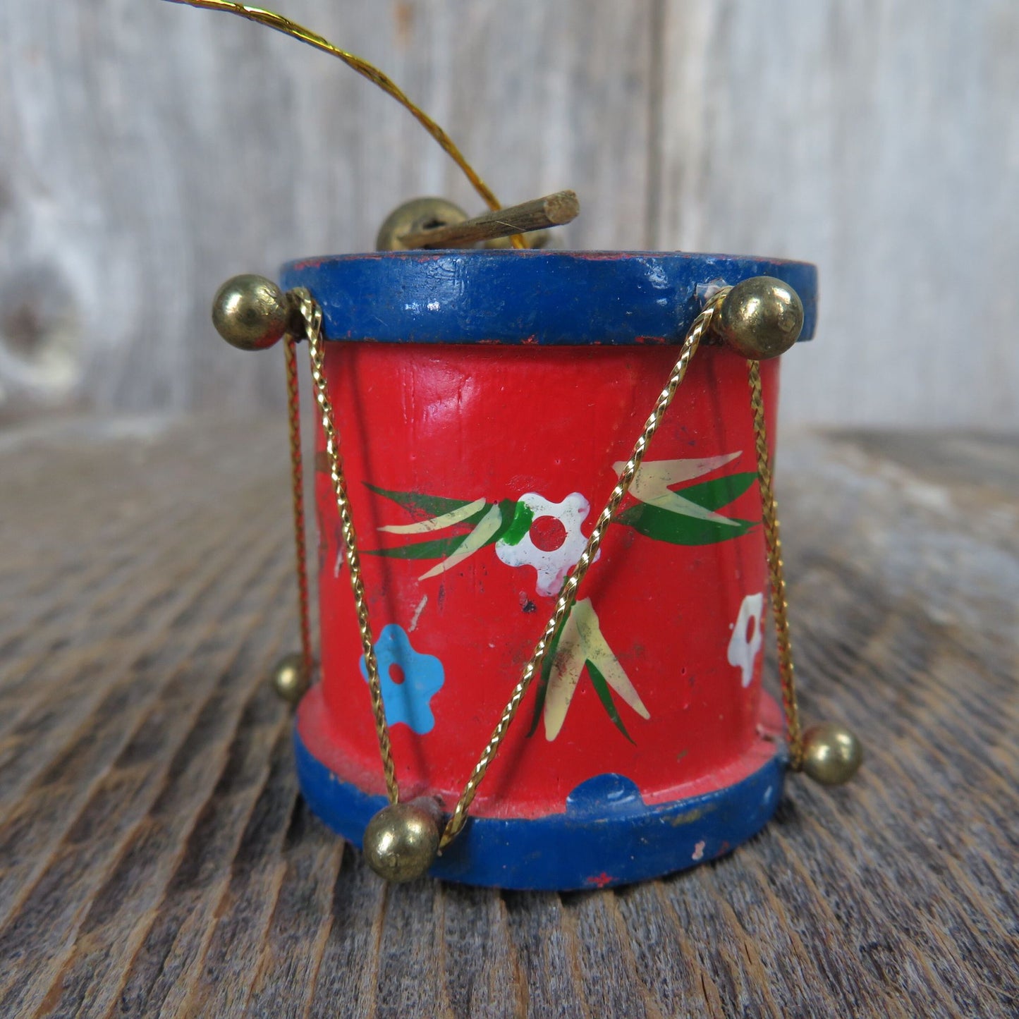Vintage Drum Shaped Wood Ornament Blue Red Wooden Instrument Christmas Mini Tree