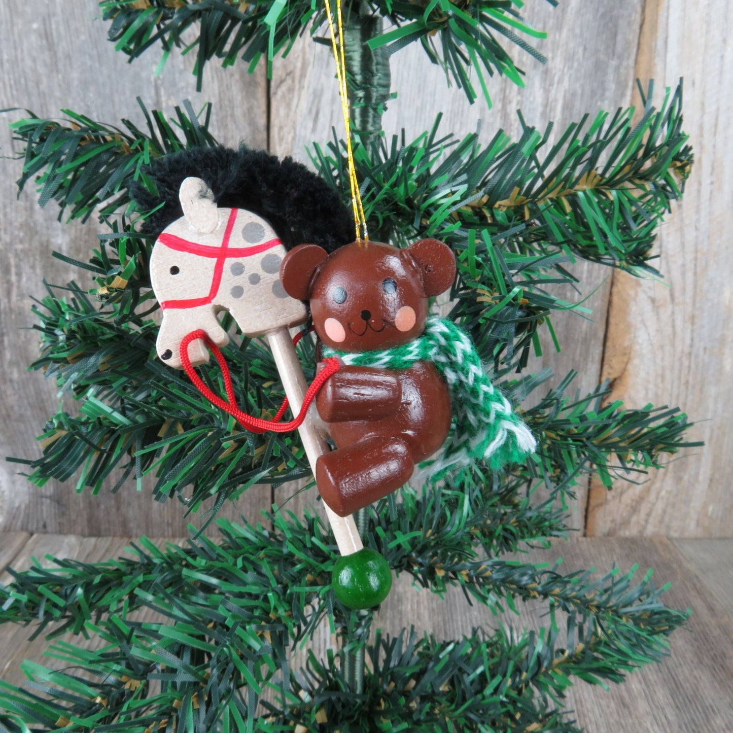 Vintage Bear on Wooden Hobby Stick Horse Ornament White Christmas Pony Scarf