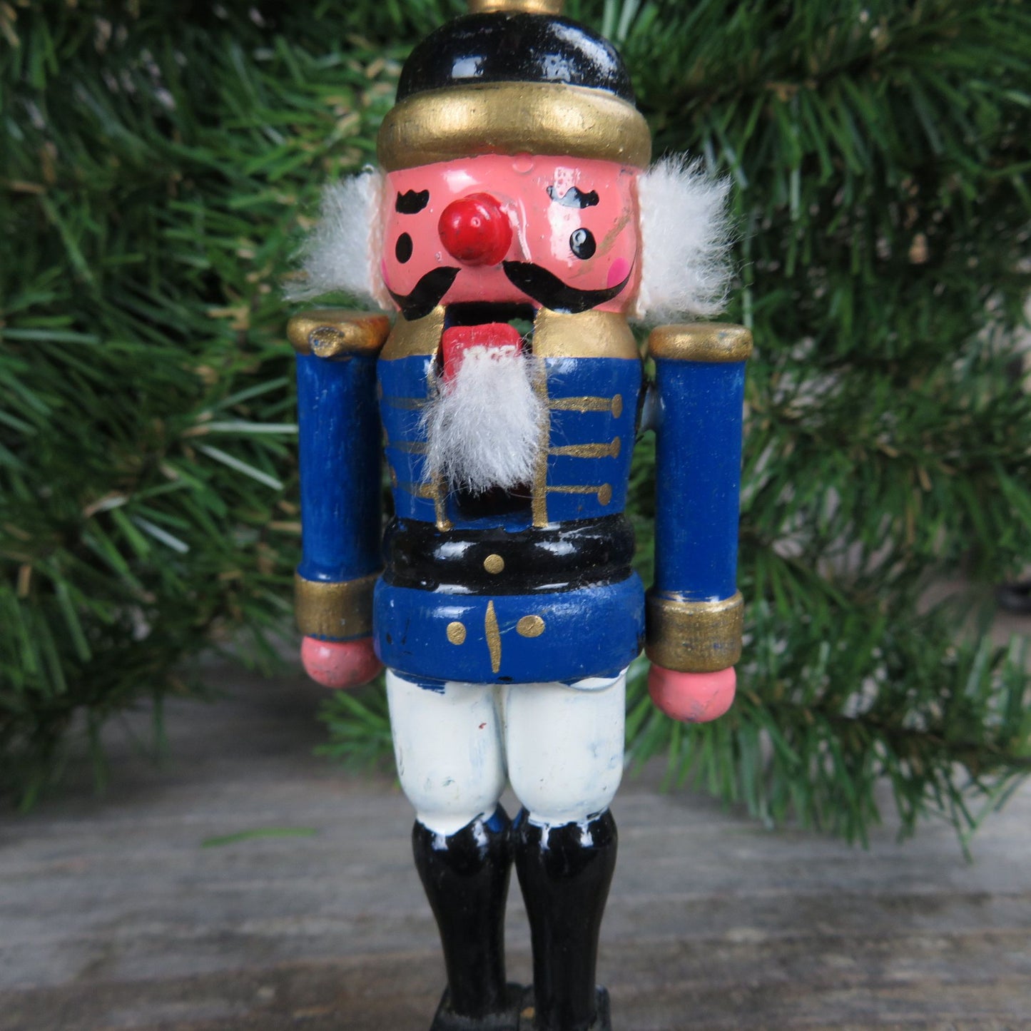 Vintage Blue Nutcracker Wood Ornament  Mustache  Solider Wooden Christmas