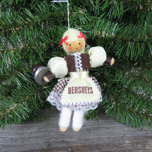 Vintage Wood Doll Hershey's Ornament Blonde Kisses Dress Brown Chocolate Wooden Christmas