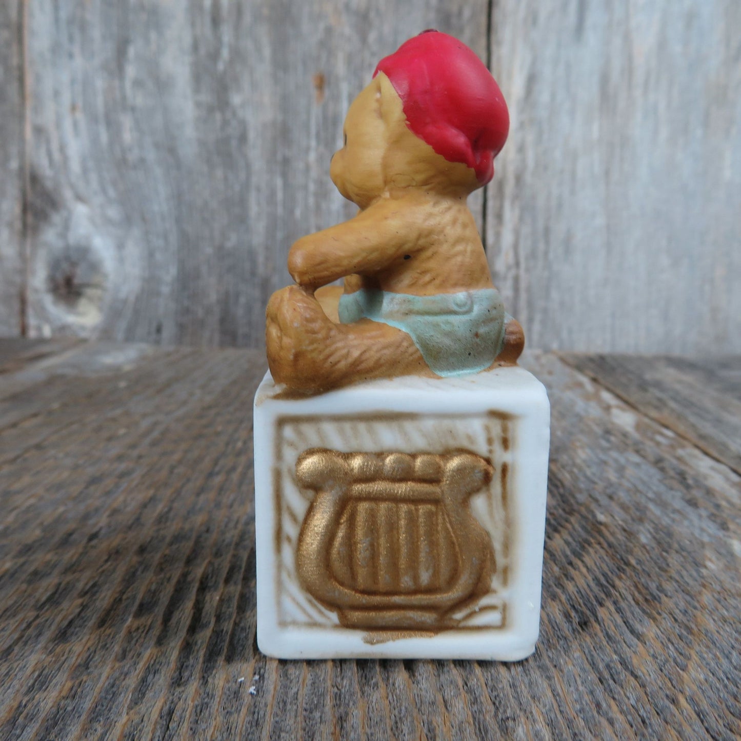 Vintage Baby Bear on Alphabet Block Ornament Red Bow Ceramic Porcelain Christmas House of Lloyd