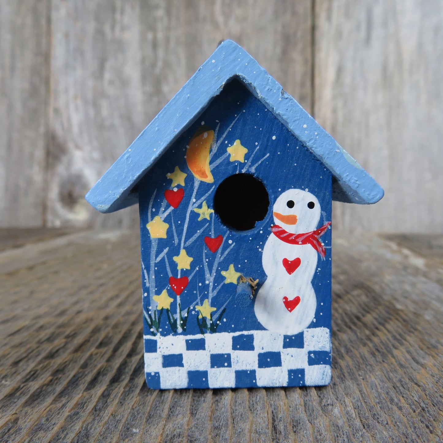 Vintage Blue Painted Birdhouse Wood Ornament Snowman Checkered Bird Rustic Christmas Country