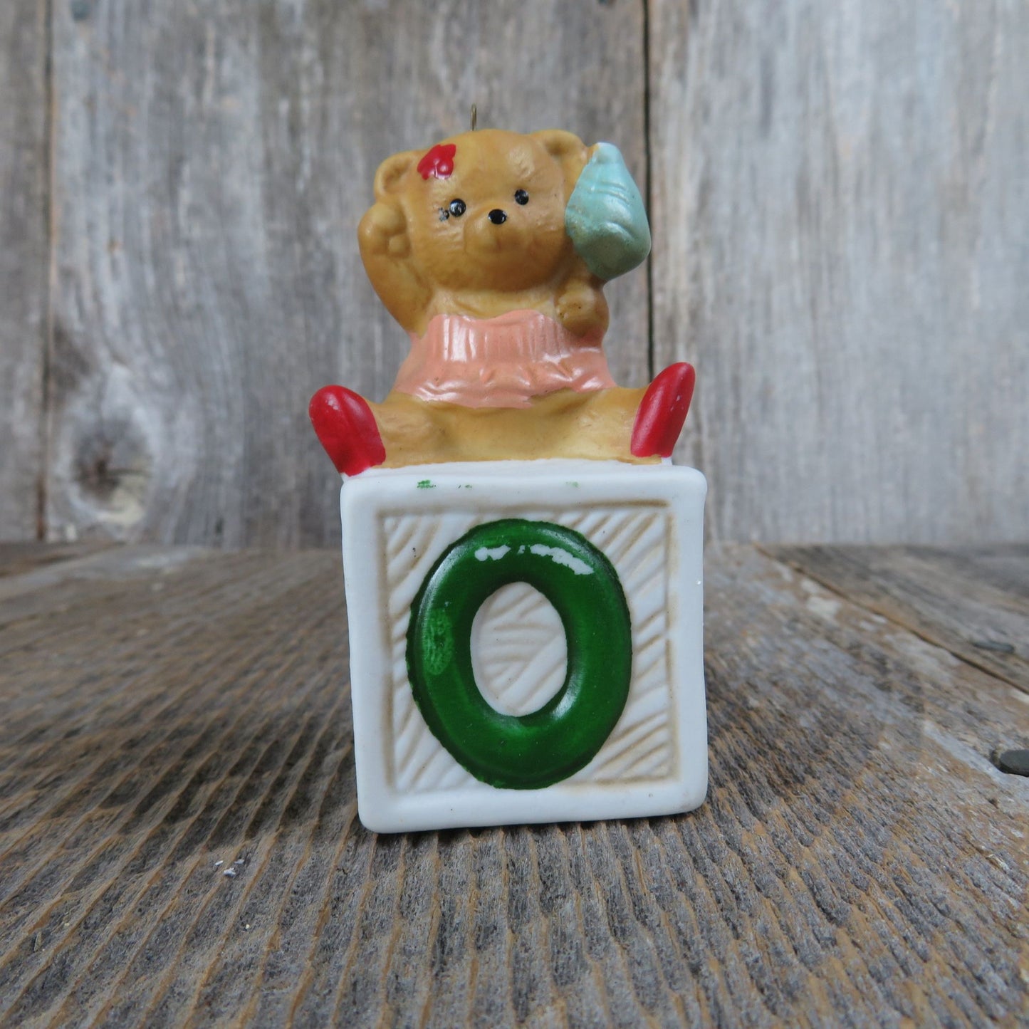 Vintage Bear on Alphabet Block Ornament Girl Pink Dress Ceramic Porcelain Christmas House of Lloyd