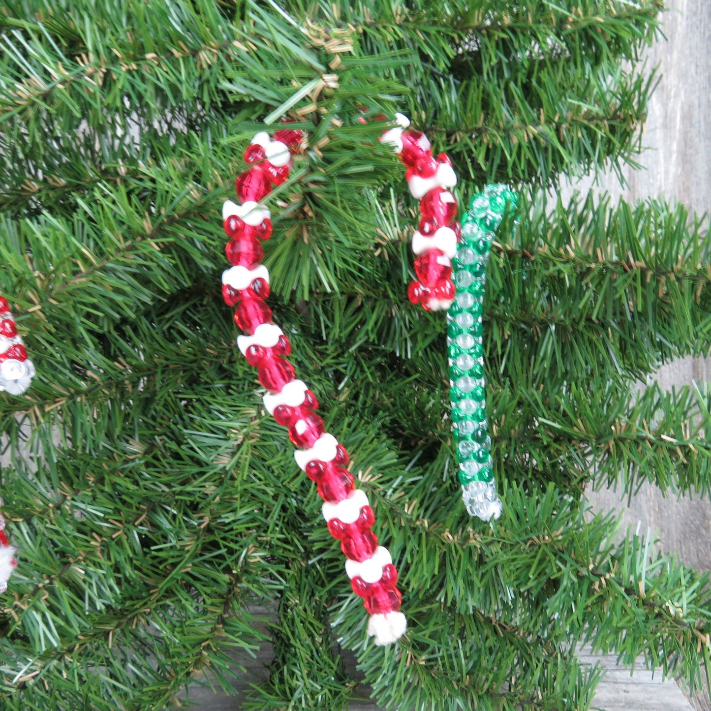 Vintage Candy Cane Beaded Ornaments Handmade Plastic Set Green Red Christmas