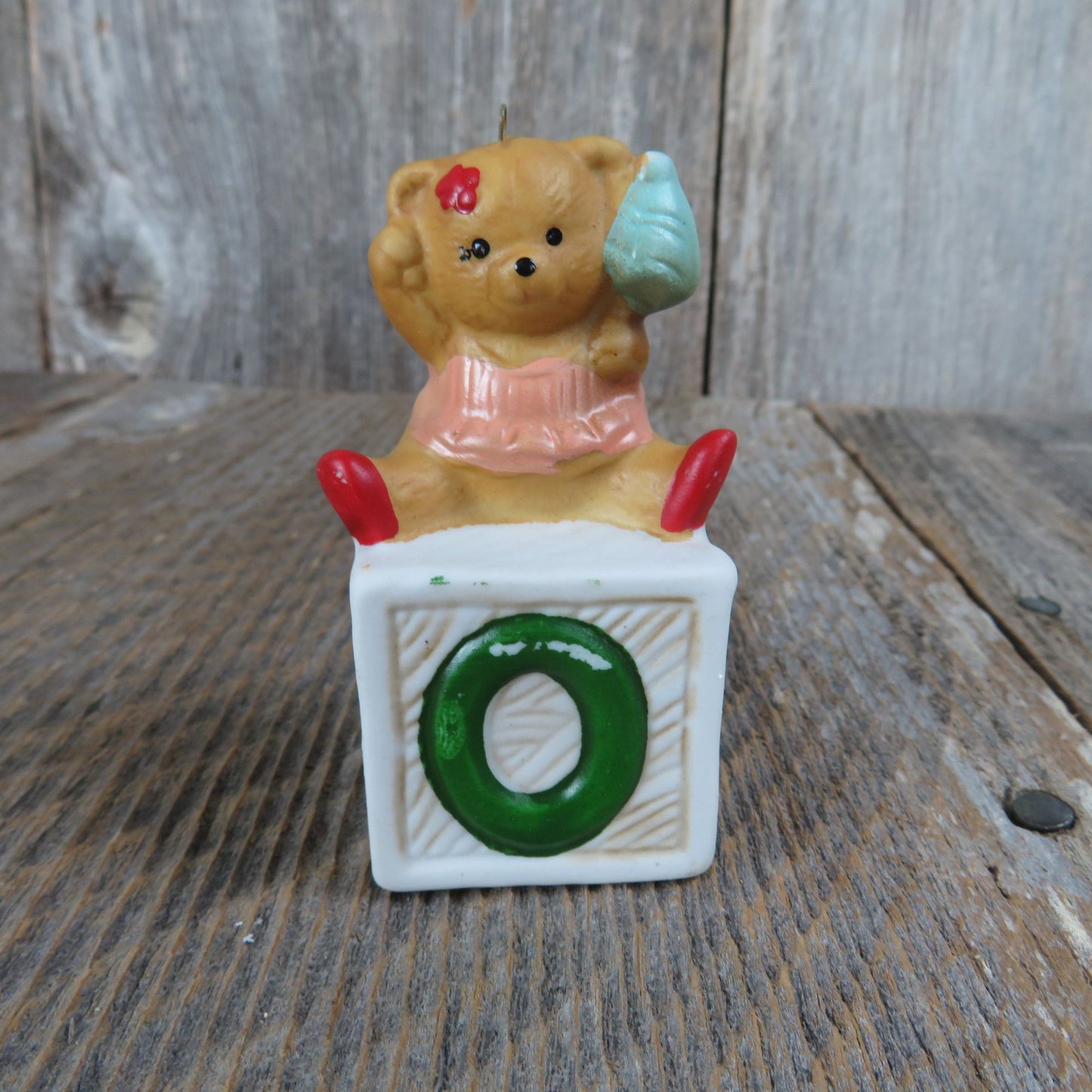 Vintage Bear on Alphabet Block Ornament Girl Pink Dress Ceramic Porcelain Christmas House of Lloyd